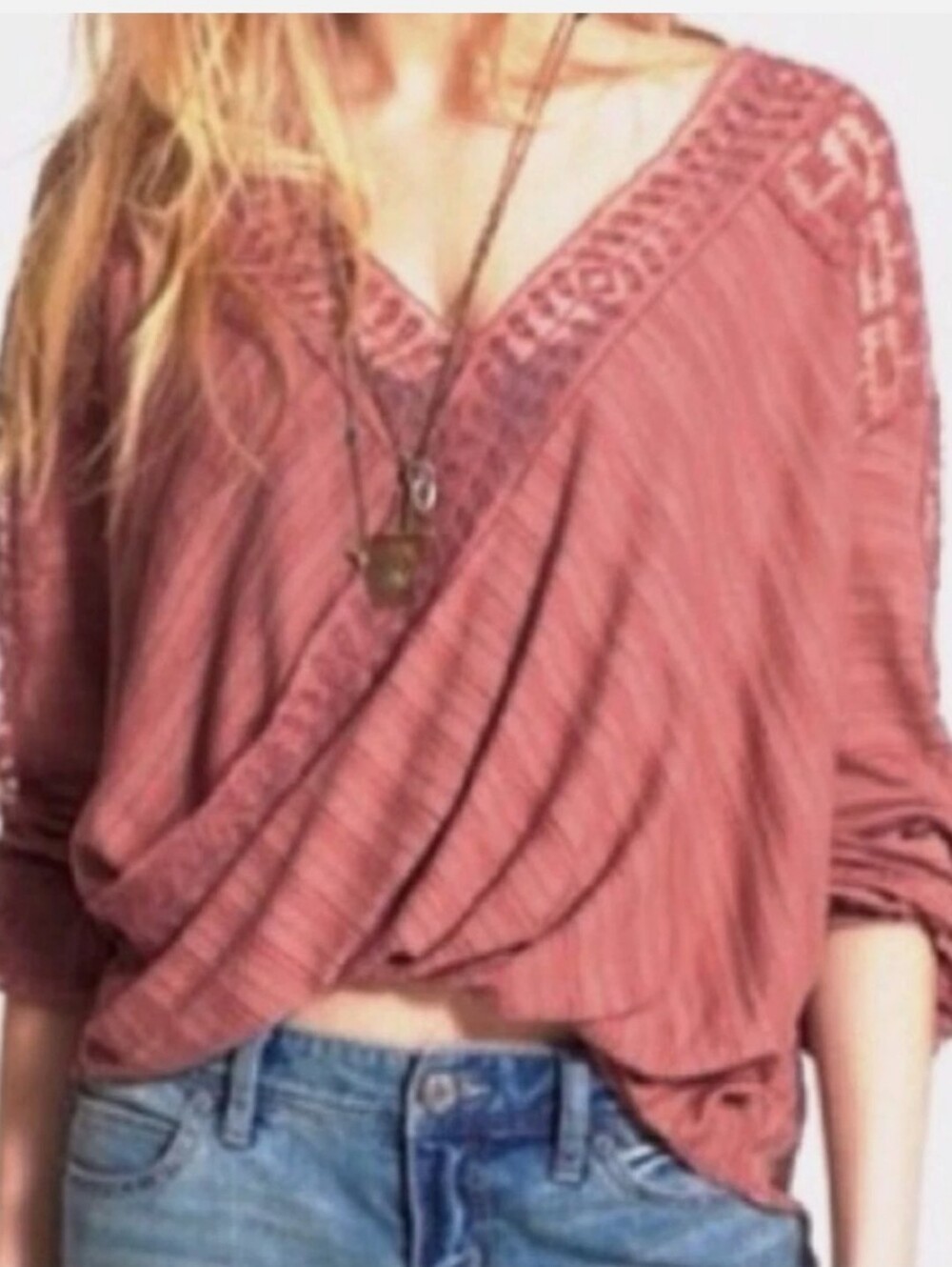 Free People Valley City Lace Inset Twist/Wrap Top Blouse